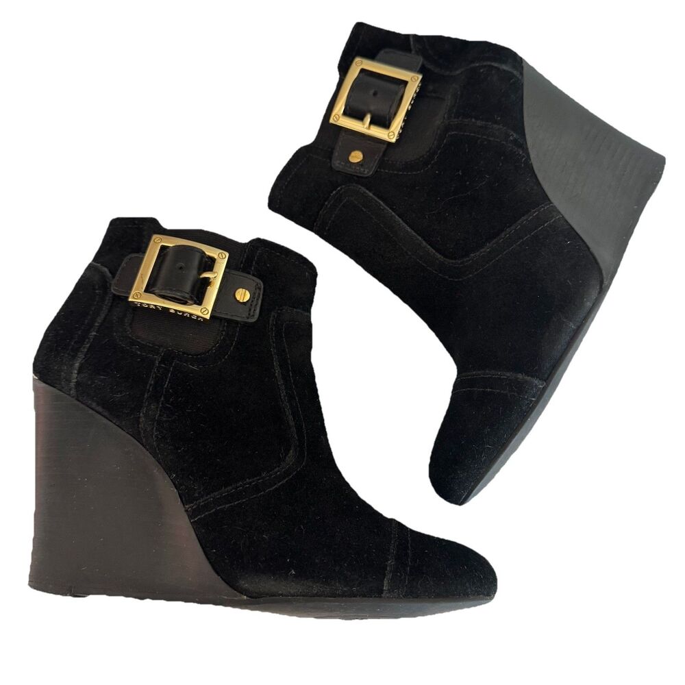 Tory Burch Adrienne‎ Black Suede Wedge Heel Chelsea Ankle Boot Women 6 M Chic